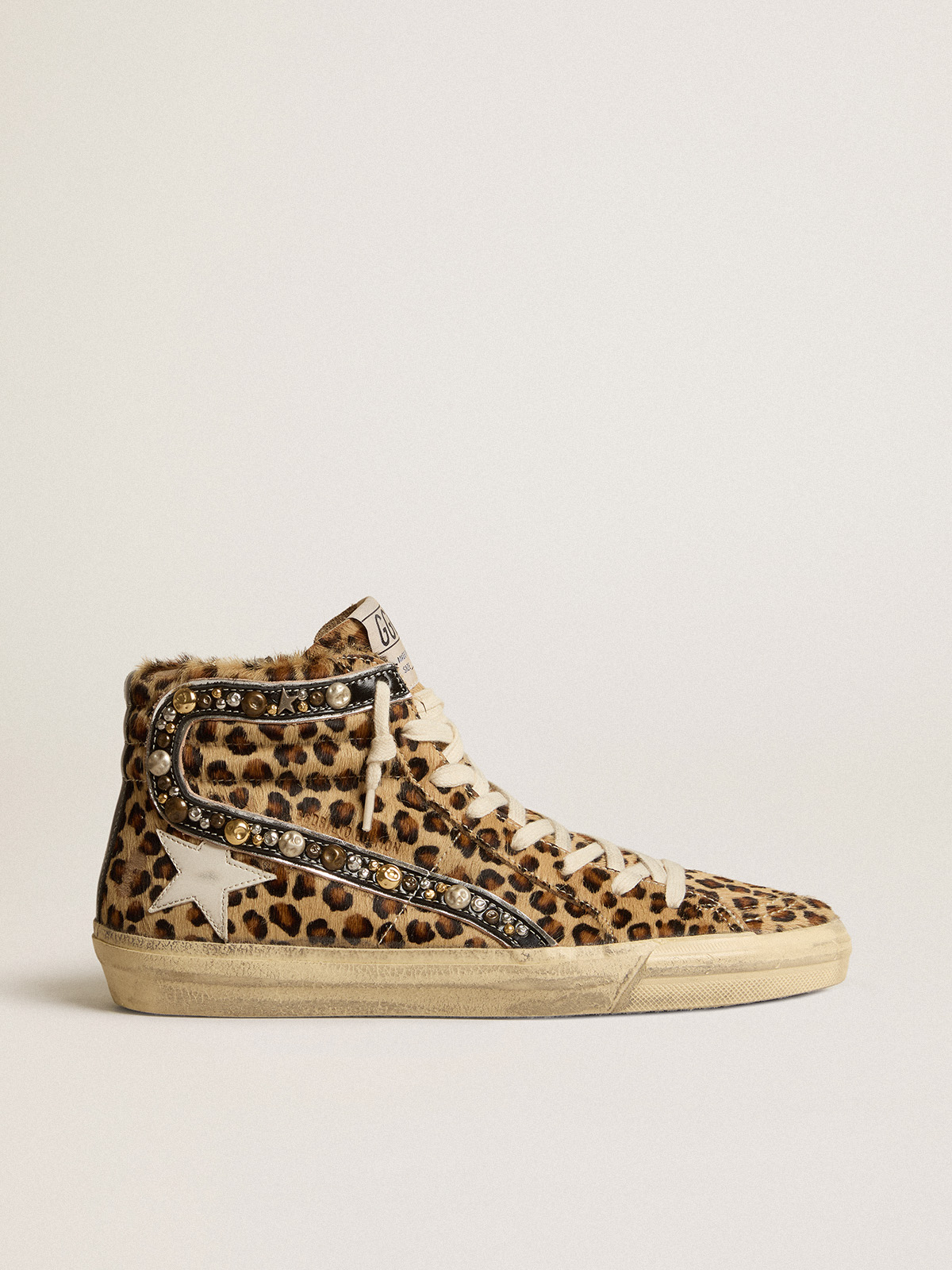 Women's Slide LAB in animal-print pony skin with studded leather