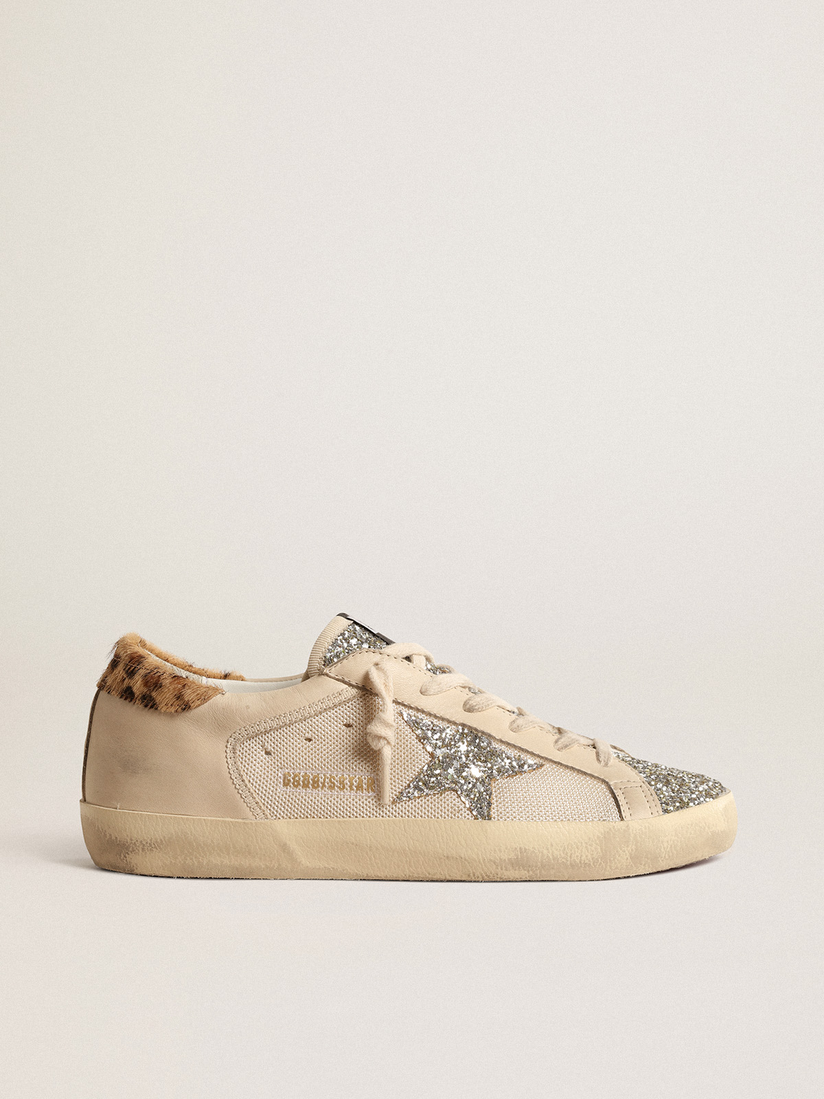 Super-Star in cream mesh with glitter star and leopard heel tab | Golden  Goose