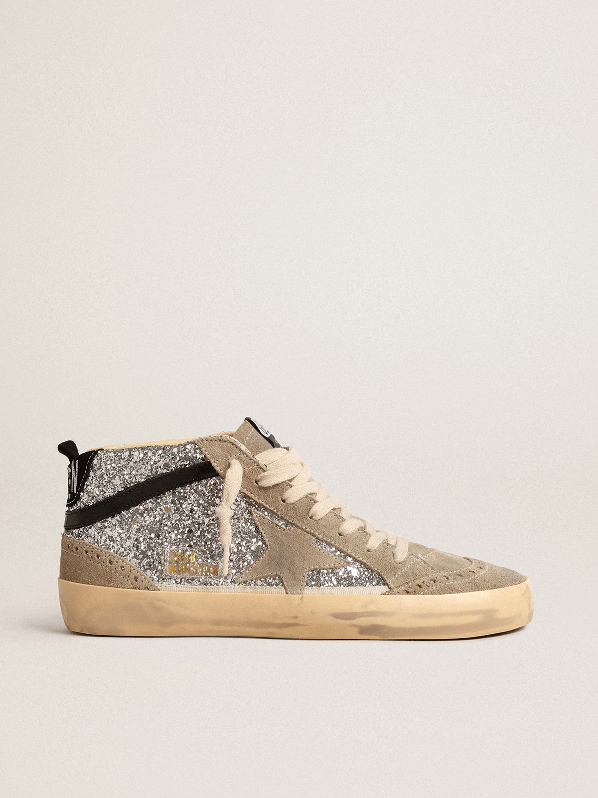 Mid Star in silver glitter with suede star and black flash | Golden Goose
