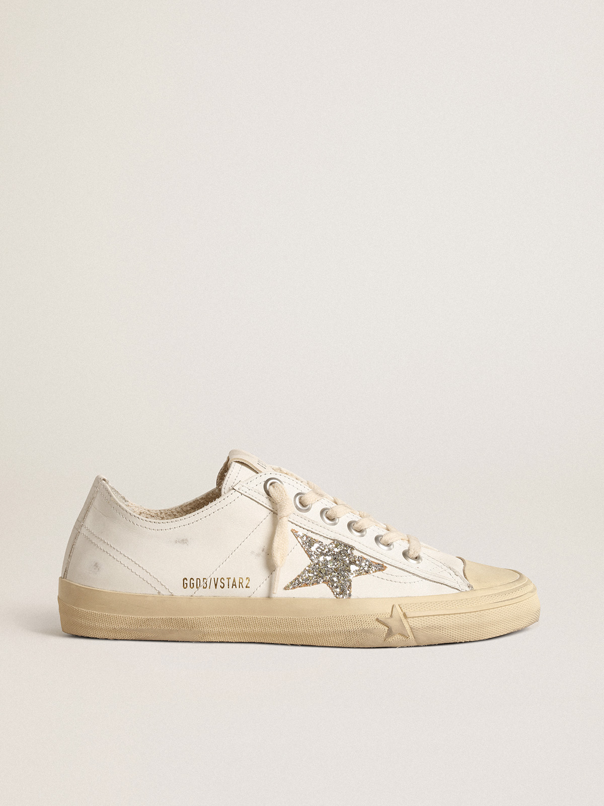 V-Star in white leather with a platinum glitter star | Golden Goose
