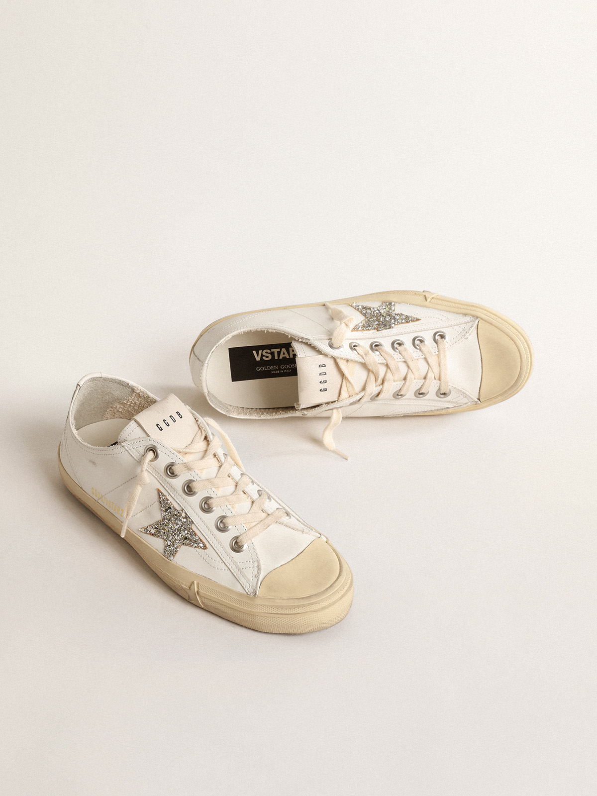 V-Star in white leather with a platinum glitter star | Golden Goose