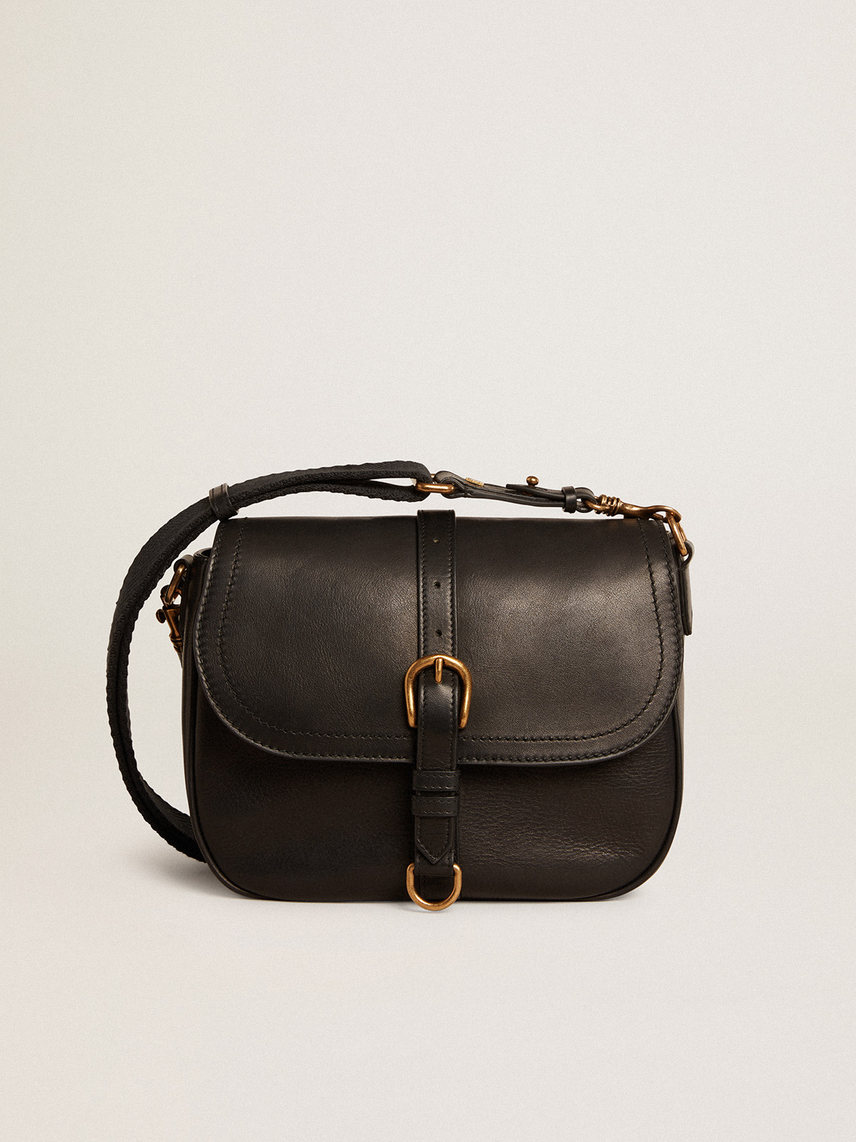 Medium Sally Bag in ash-colored suede with contrasting buckle and shoulder  strap