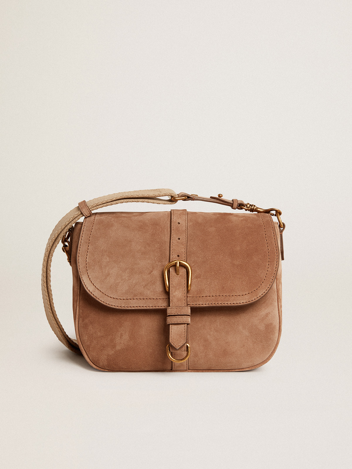 Medium Sally Bag in ash-colored suede with contrasting buckle and shoulder  strap