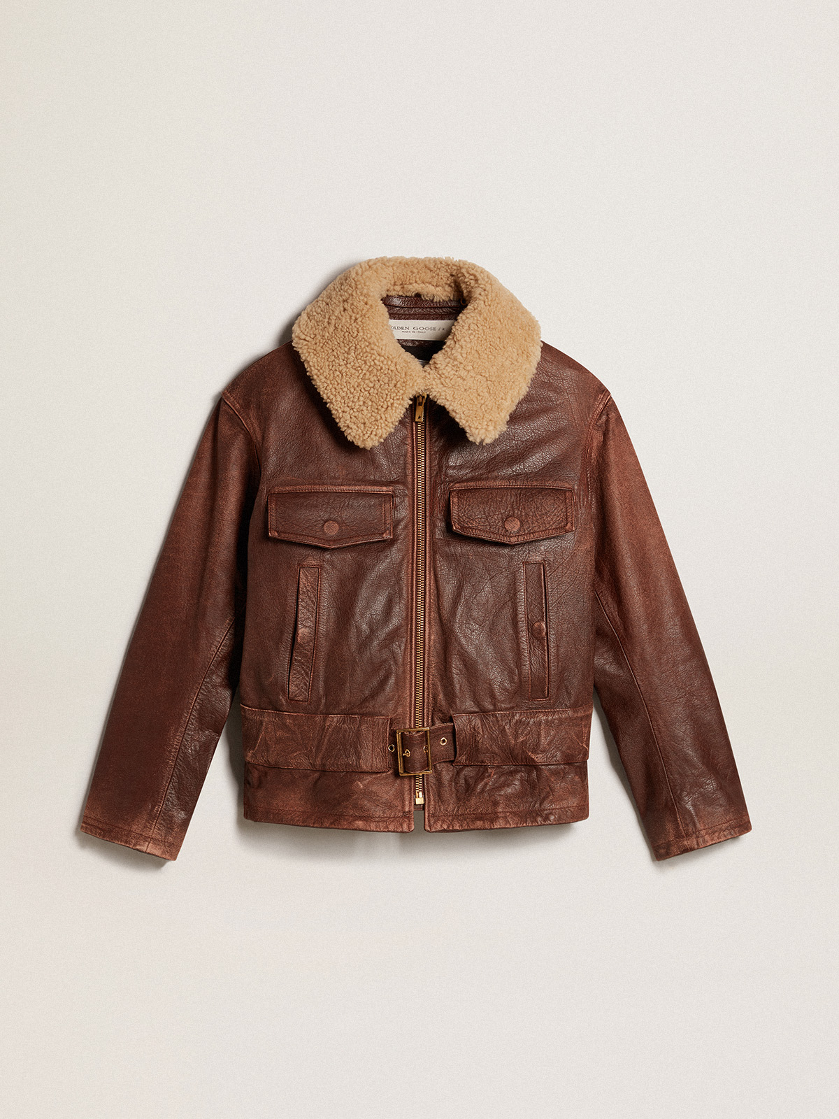 Wood-colored jacket with detachable shearling collar | Golden Goose