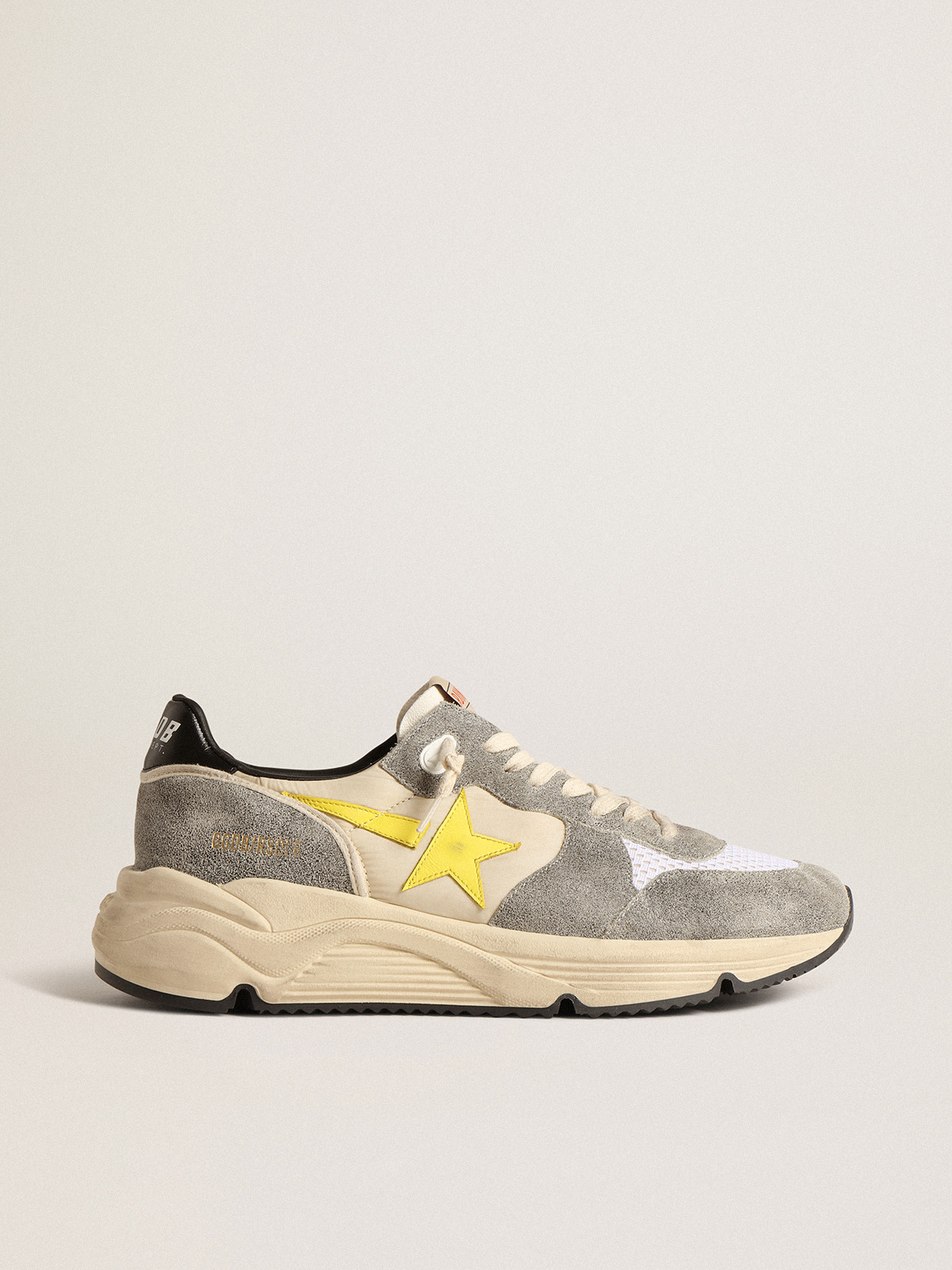 Running Sole in beige nylon and gray suede with yellow star | Golden Goose