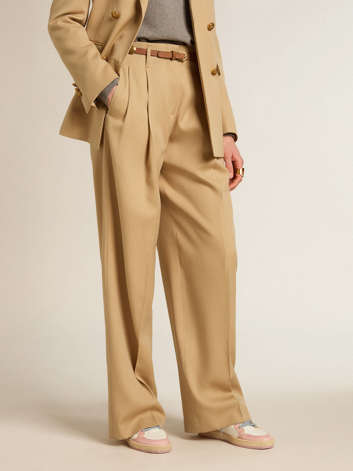 Women's wool gabardine pants in sand