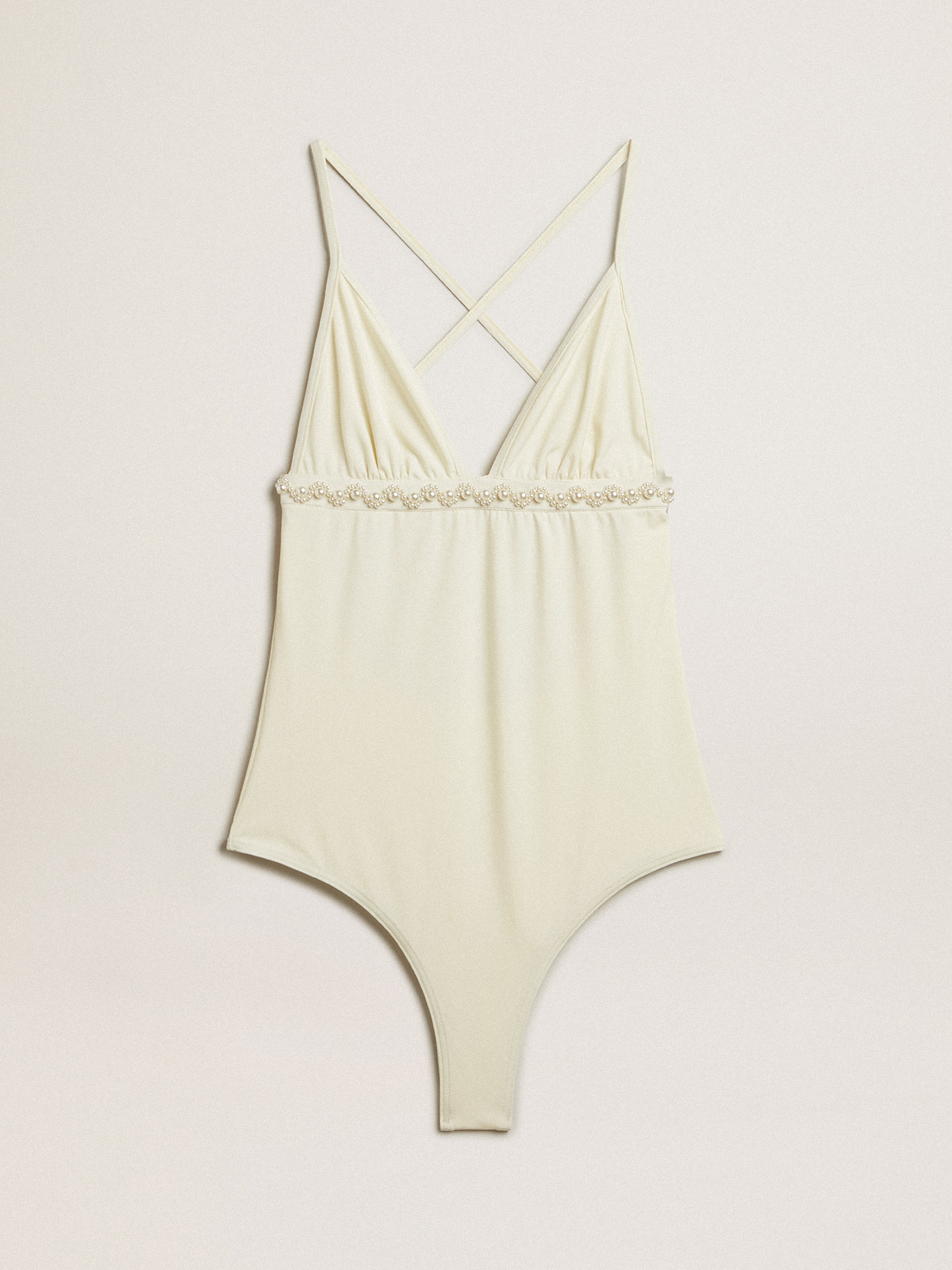 White one-piece swimsuit with beading