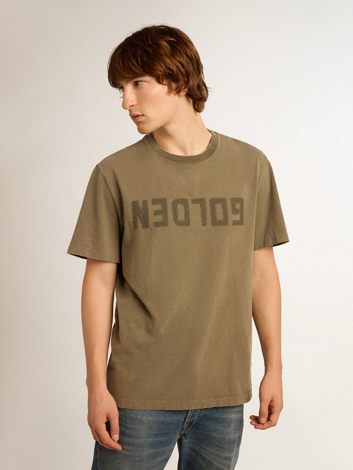 Men's olive green T-shirt with Golden lettering | Golden Goose