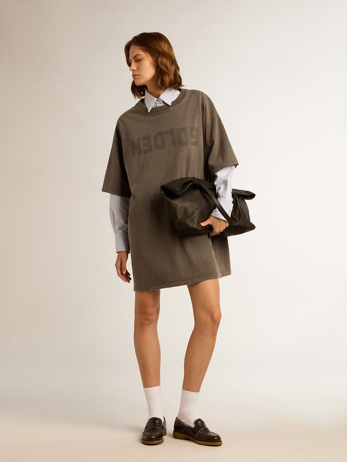 Women's gray T-shirt dress with distressed treatment | Golden Goose