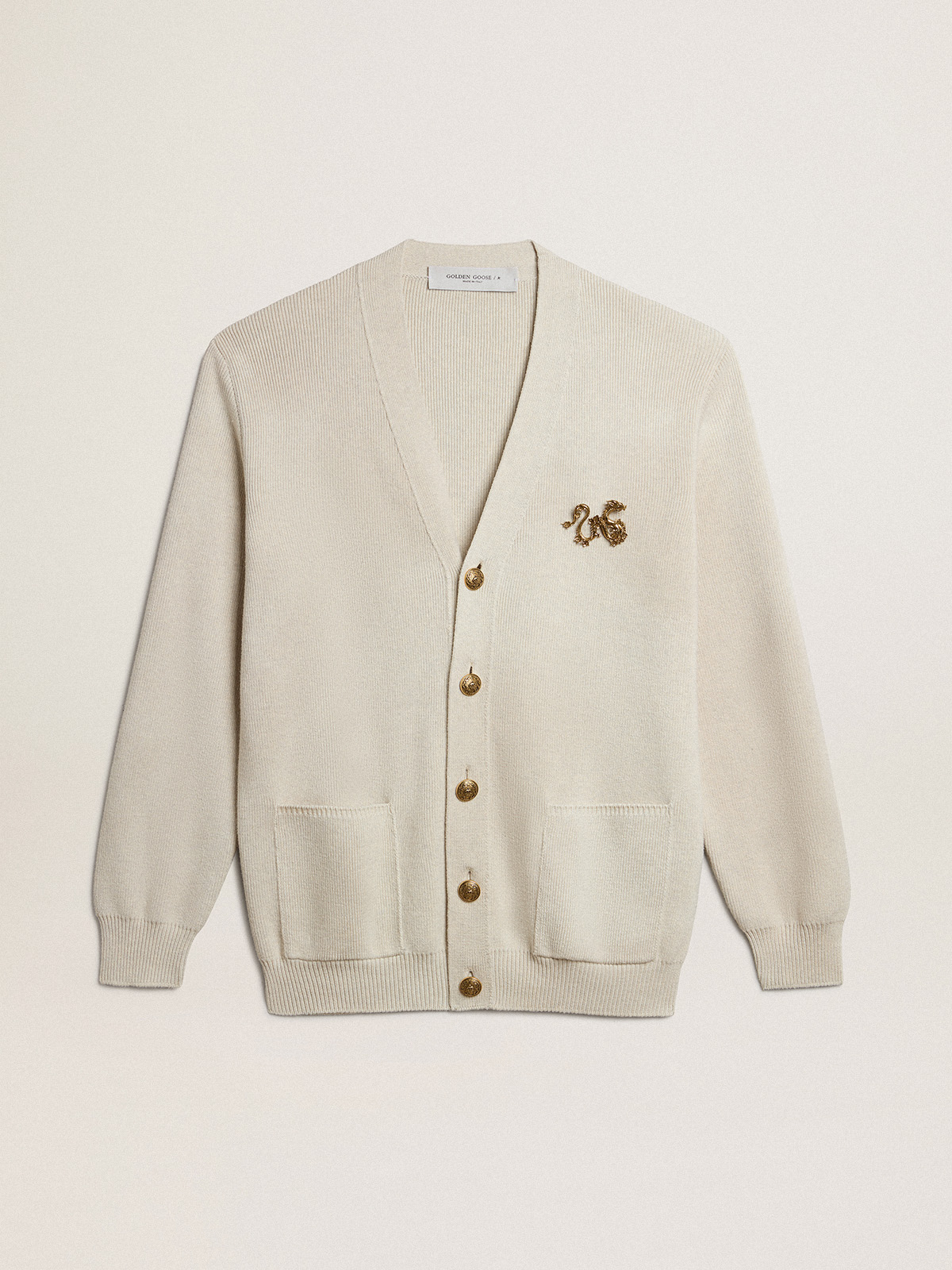 Cardigan in aged white cotton with gold button fastening | Golden