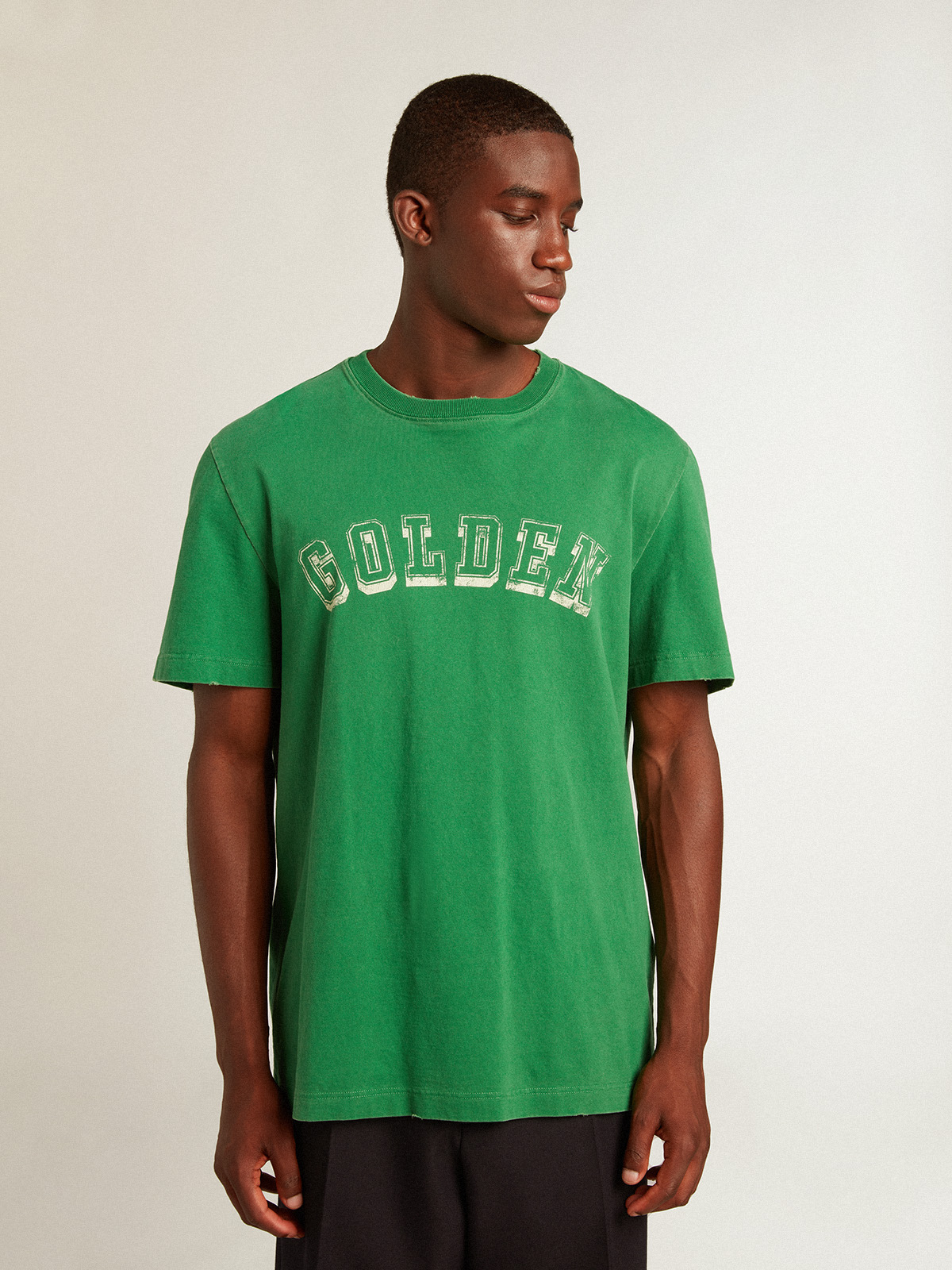 Men's green cotton T-shirt with lettering at the center | Golden Goose