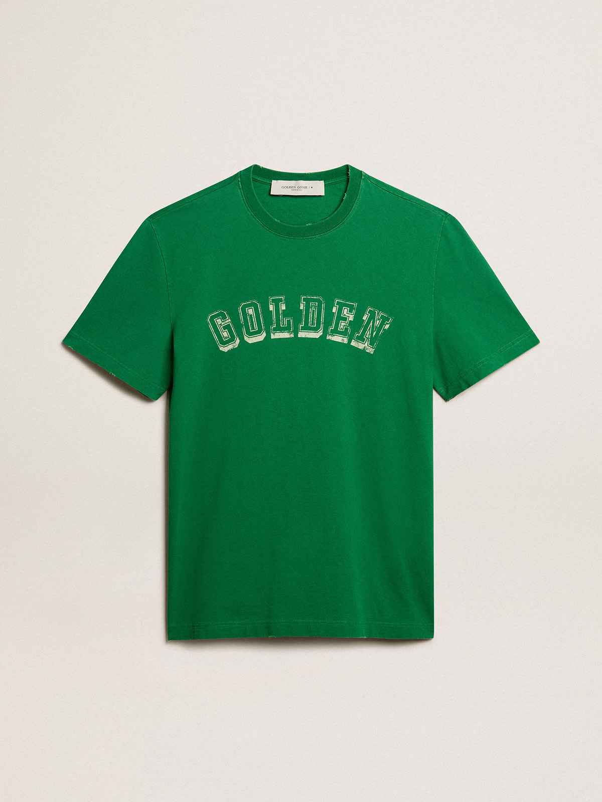 Men's green cotton T-shirt with lettering at the center | Golden Goose