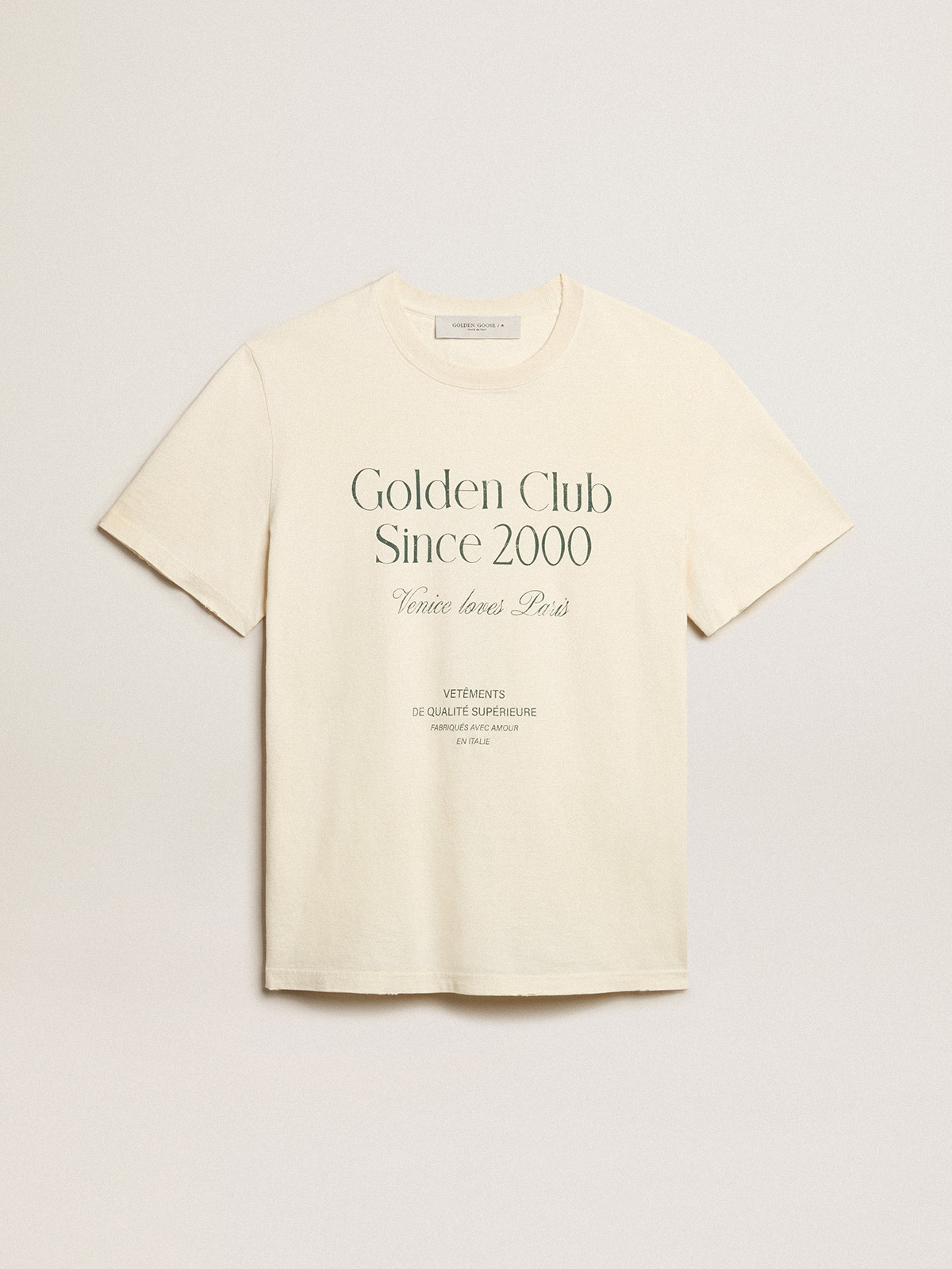 Men's cotton T-shirt in aged white with green lettering | Golden Goose