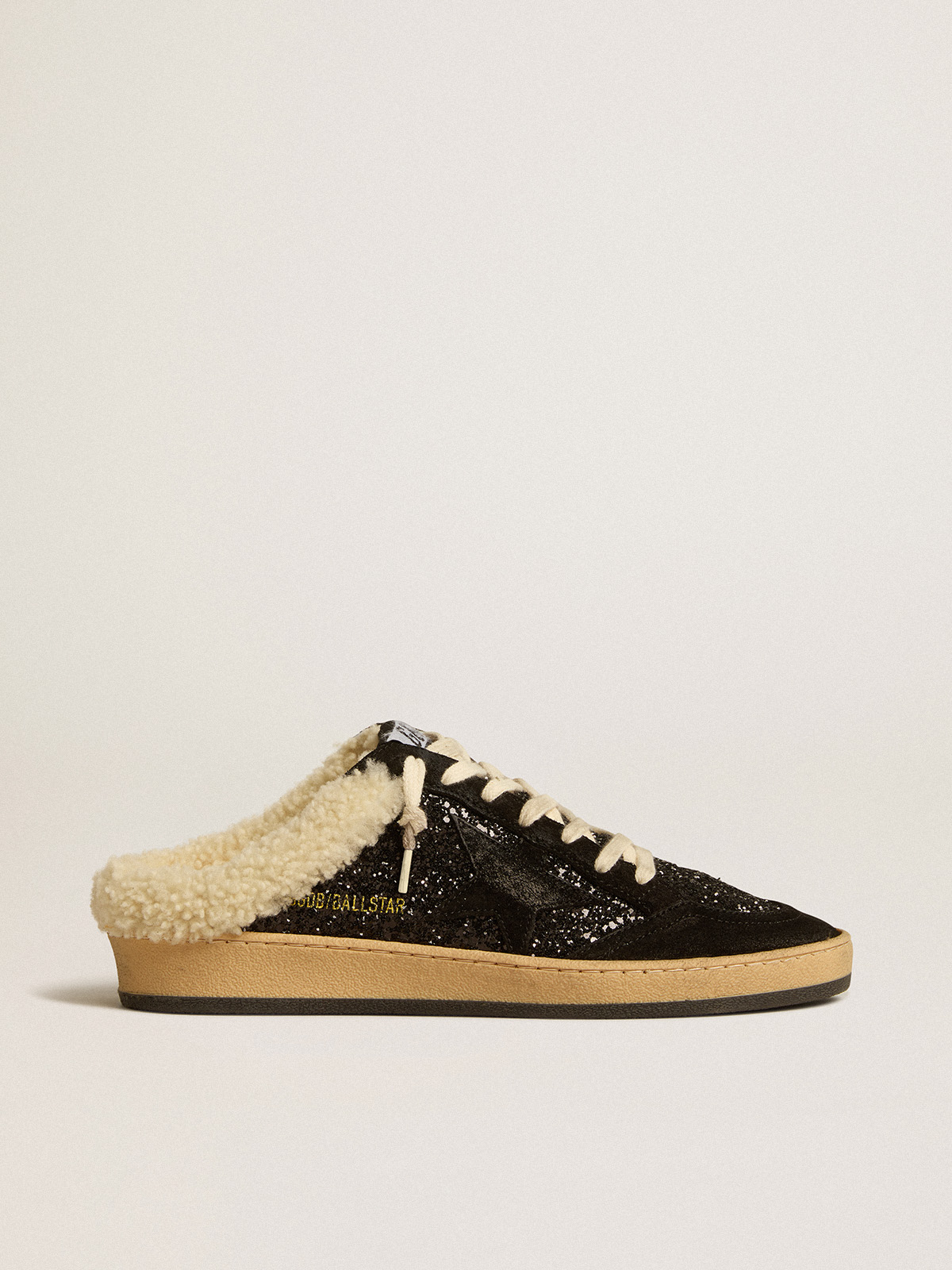 Ball Star Sabots in black glitter with black star and shearling lining |  Golden Goose