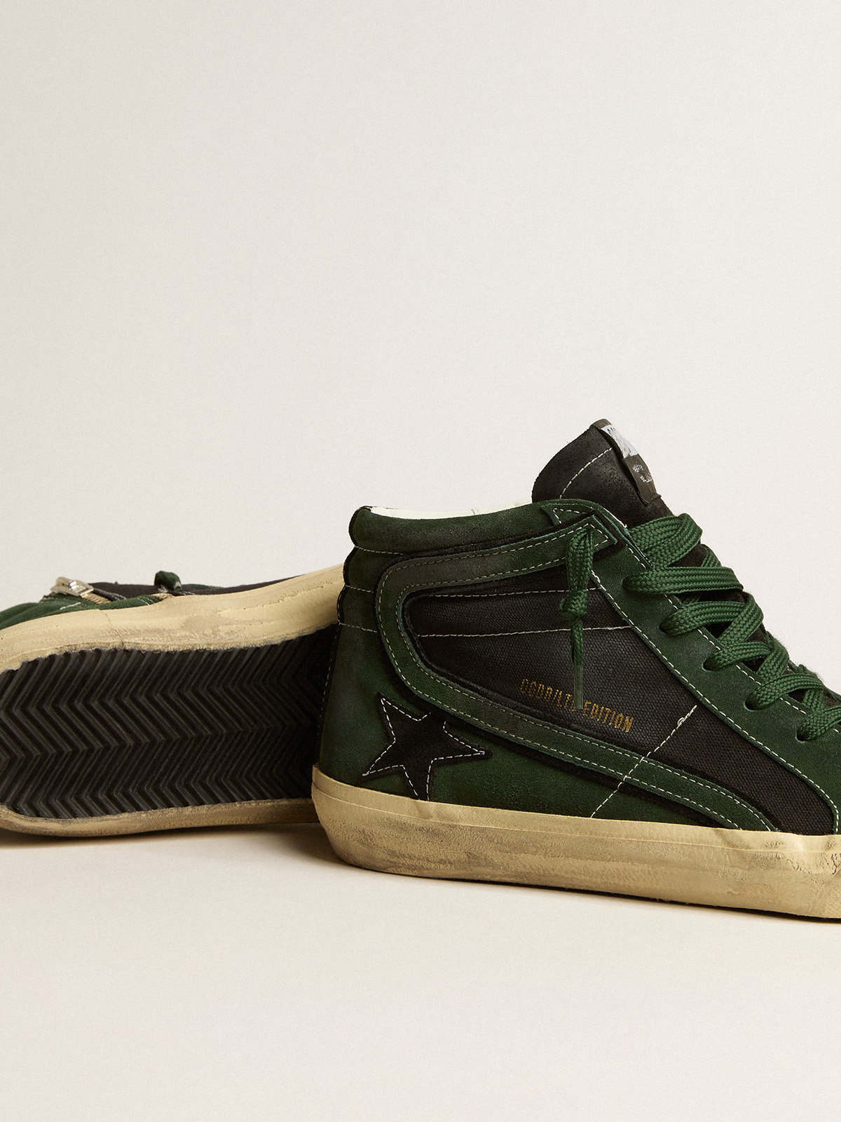 Slide LTD in green suede and black canvas with suede star and flash |  Golden Goose
