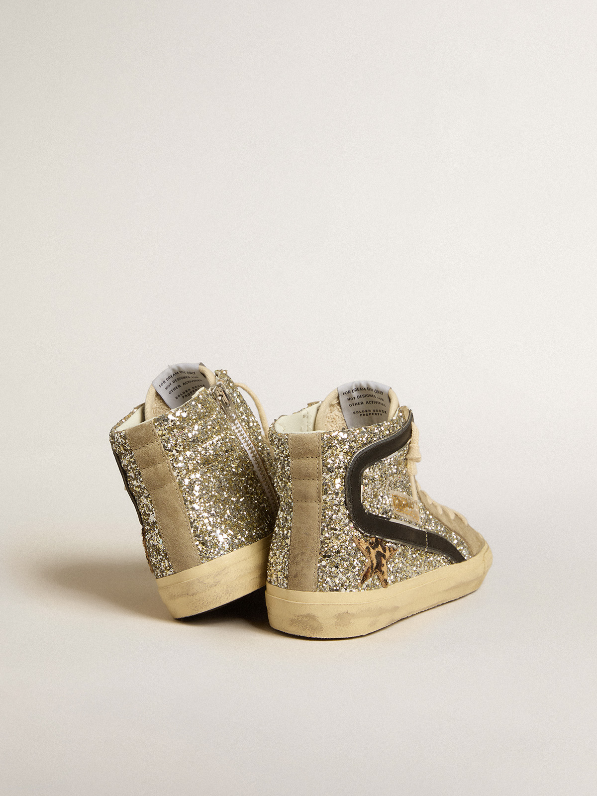 Slide in platinum glitter with leopard-print pony skin star and black flash  | Golden Goose
