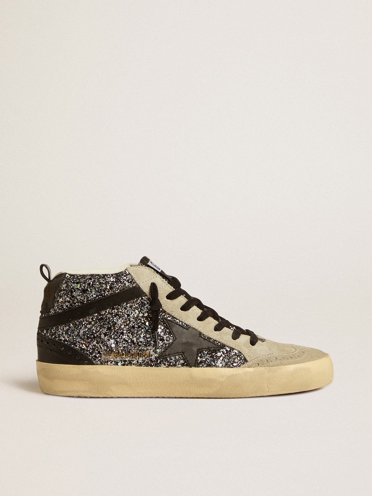 Mid Star LTD in black glitter with black leather star and flash | Golden  Goose