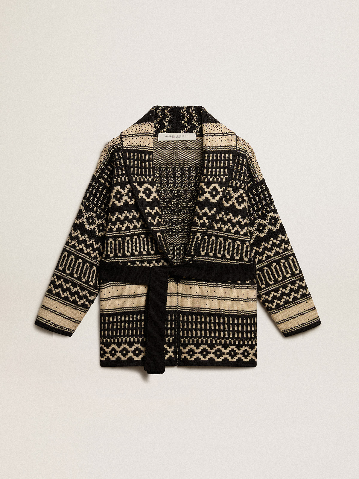 Women's cardigan in ecru wool with jacquard design and belt