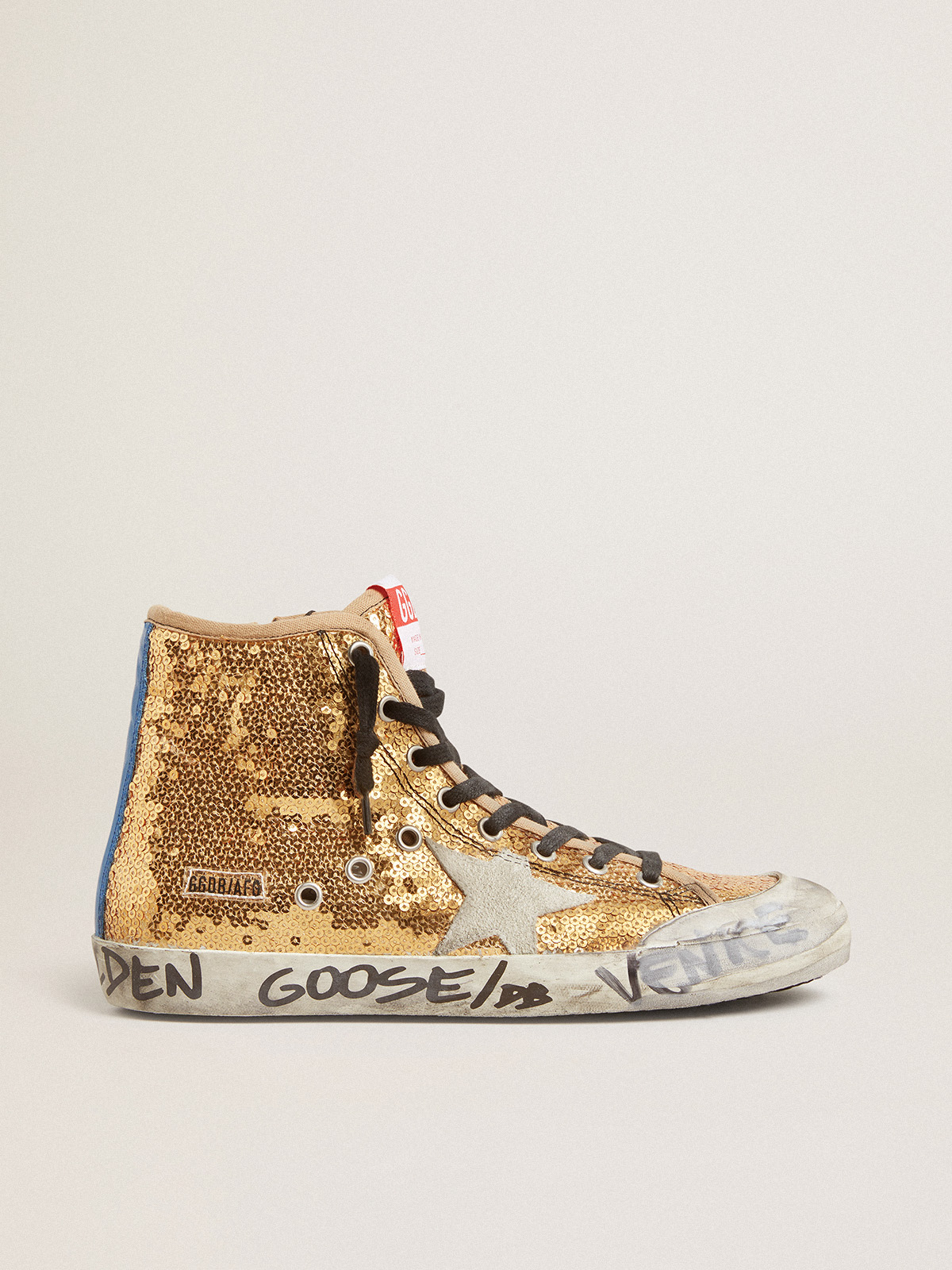 Francy Penstar in gold glitter with suede star and bright blue heel tab |  Golden Goose