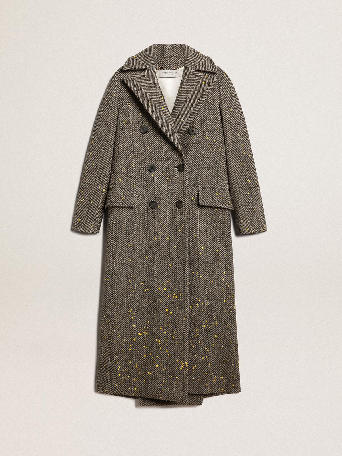 Women's long herringbone coat with yellow details | Golden Goose