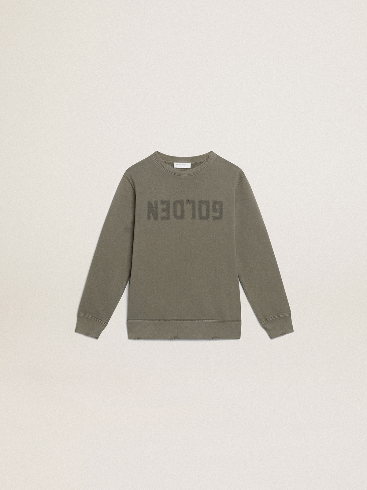 Distressed olive-green sweatshirt with Golden lettering on the 