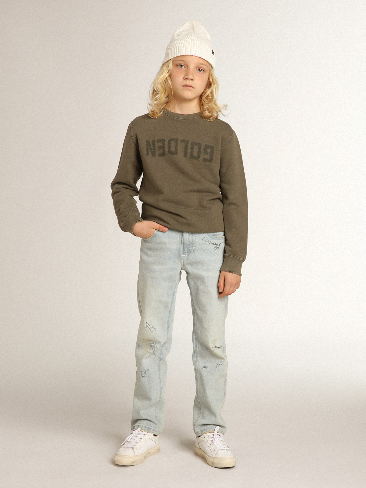 Distressed olive-green sweatshirt with Golden lettering on the 