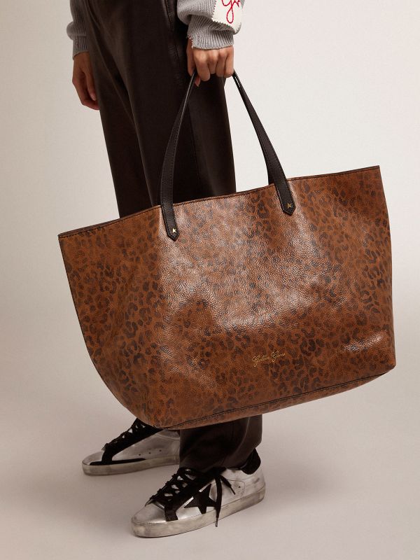 unique model Bag tote in canvas and leopard printed leather handmade in France leather handles