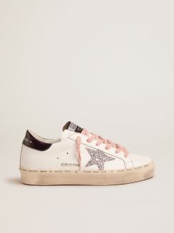 White Hi-Star sneakers with glittery star and pink laces | Golden 