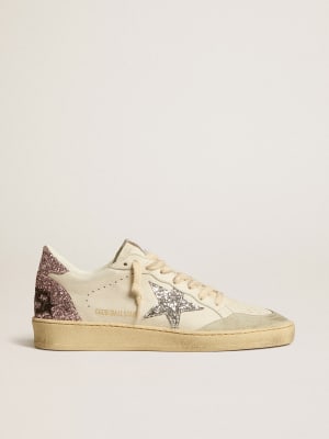 Super-Star sneakers in white leather and canvas with shocking-pink leather  star and silver glitter heel tab