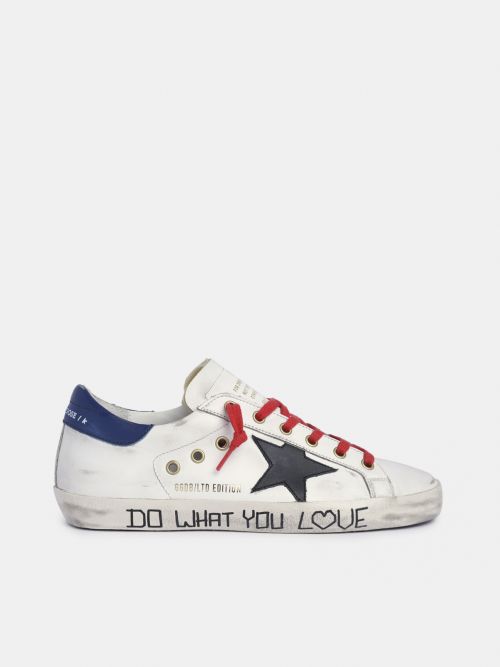 Super Star sneakers in white leather with black star and blue heel