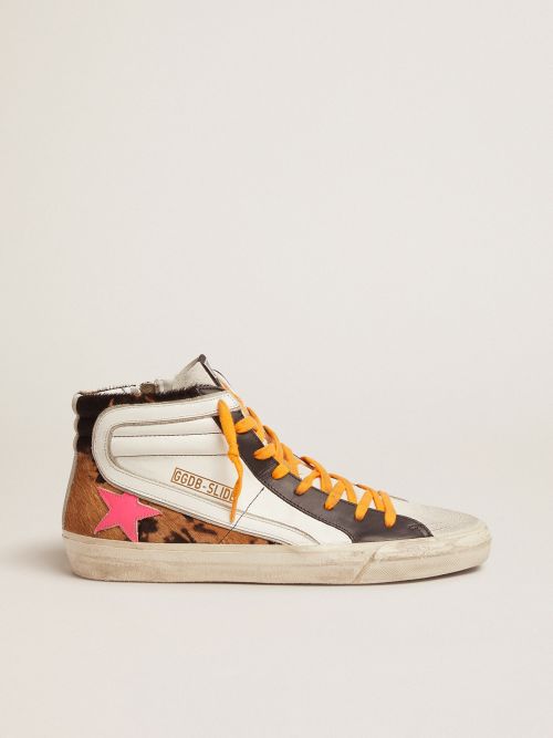 Slide sneakers in pony skin with orange laces and a fuchsia star | Golden  Goose