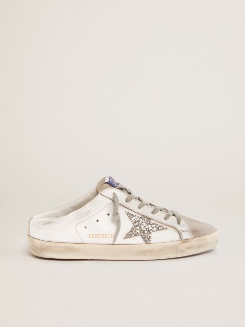 Super-Star Sabots in white leather and gray suede with silver