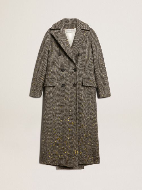 Women's long herringbone coat with yellow details | Golden Goose