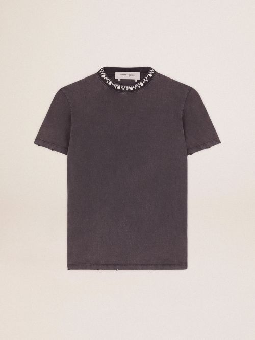 T shirt femme gris anthracite avec cristaux Golden Goose