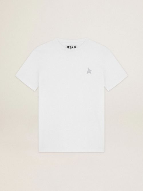 Women s white T shirt with silver glitter star on the front