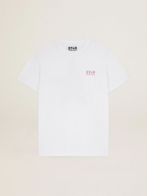 Women's white T-shirt with pink glitter logo and star