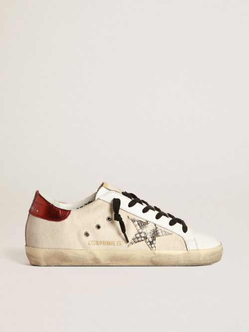 Super-Star LTD sneakers in natural-white canvas with gray snake-print  leather star and burgundy laminated leather heel tab | Golden Goose