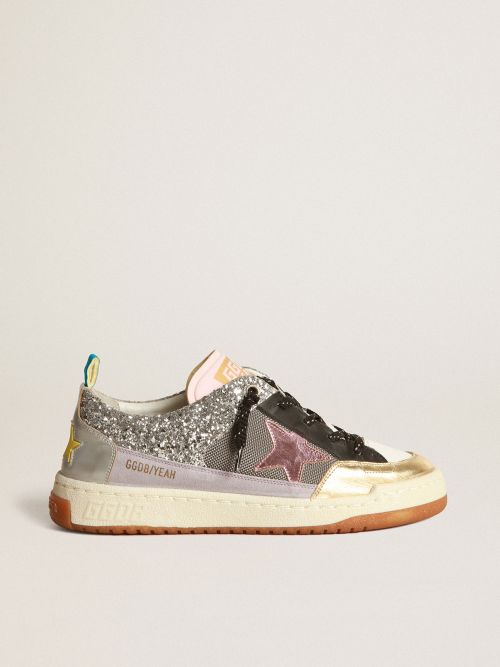 Yeah! sneakers in silver mesh with a pink star | Golden Goose