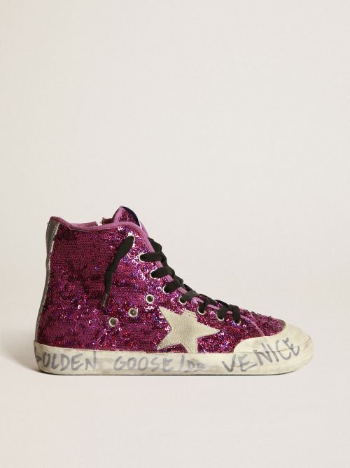 Francy sneakers with sequins and handwritten lettering on the outsole |  Golden Goose