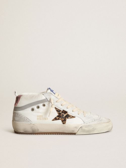 Women's Mid Star LTD in white nylon with leopard print pony skin