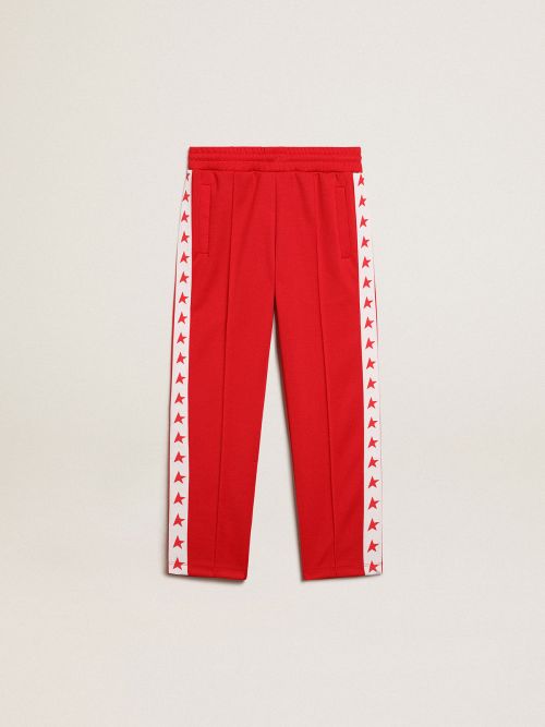 White joggers best sale with red stripe