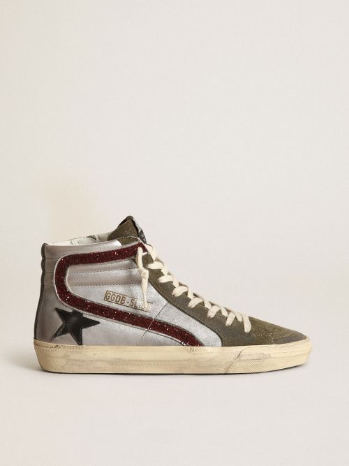 Silver Slide with a black leather star and glitter flash | Golden Goose
