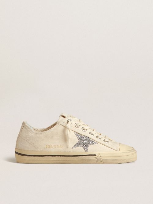 V-Star in beige canvas with a silver glitter star | Golden Goose