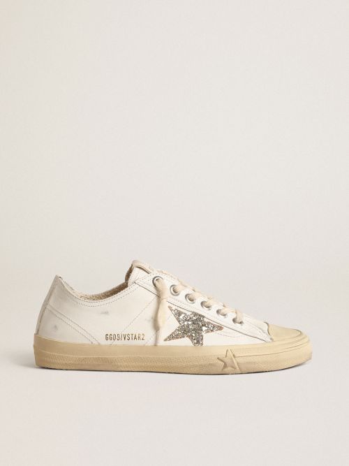 V-Star in white leather with a platinum glitter star | Golden Goose