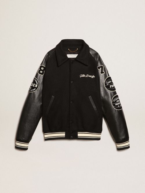 Embroidery Patched Lambskin Leather Bomber Varsity Jacket