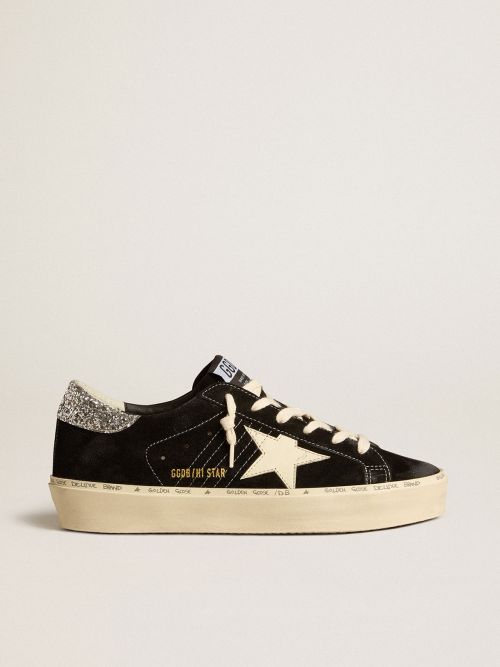 Women\'s Hi Star in black leather with silver glitter heel tab | Golden Goose