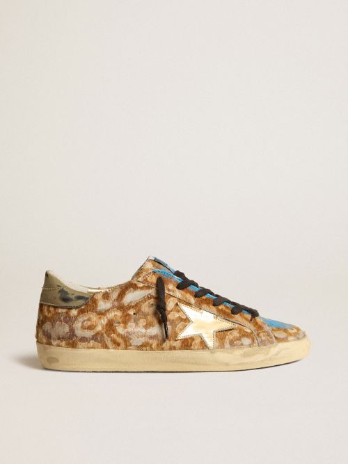 Men\'s Super-Star LAB in leopard pony skin with gold star and gray heel tab  | Golden Goose