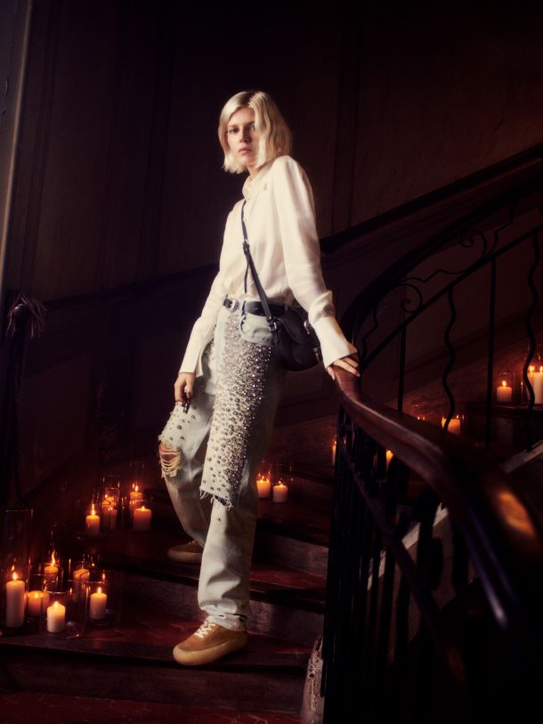 Women s bleached jeans with cabochon crystals Golden Goose