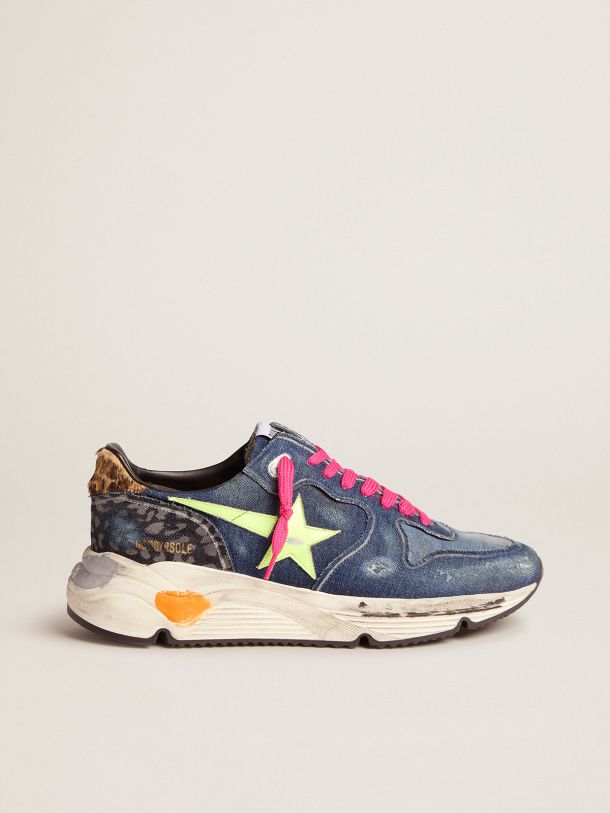 Denim Running Sole sneakers with a fluorescent yellow star and leopard ...