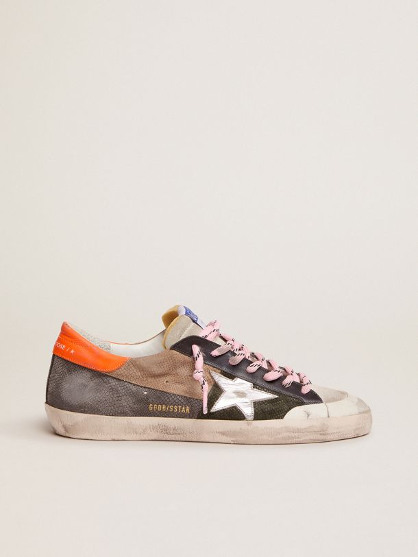Golden Goose - Super-Star sneakers in snake-print suede with fluorescent orange leather heel tab in 